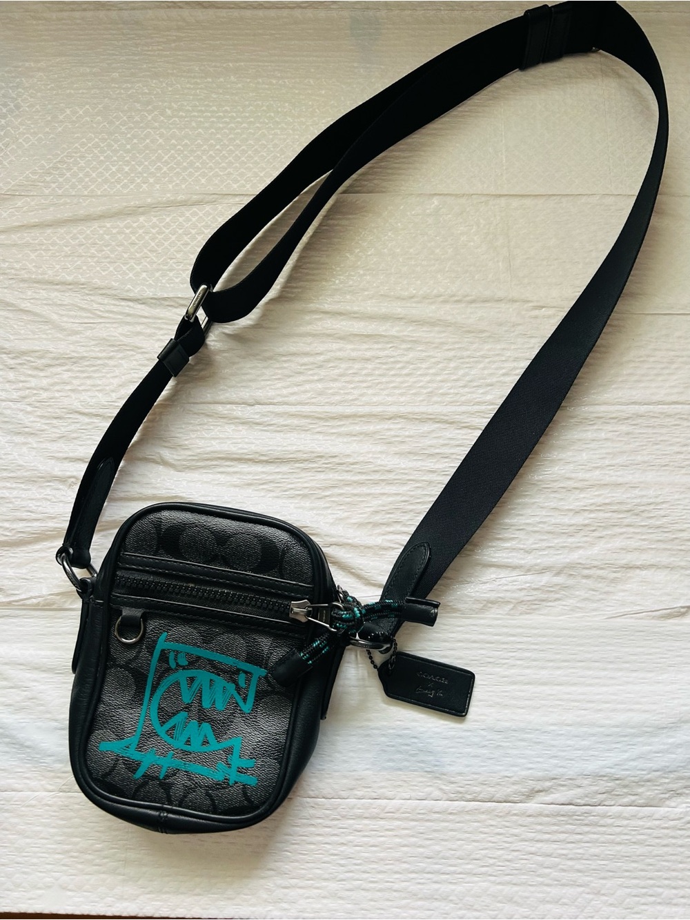 Coach Guang Yu Black Leather Crossbody Belt Bag with Teal Graphic